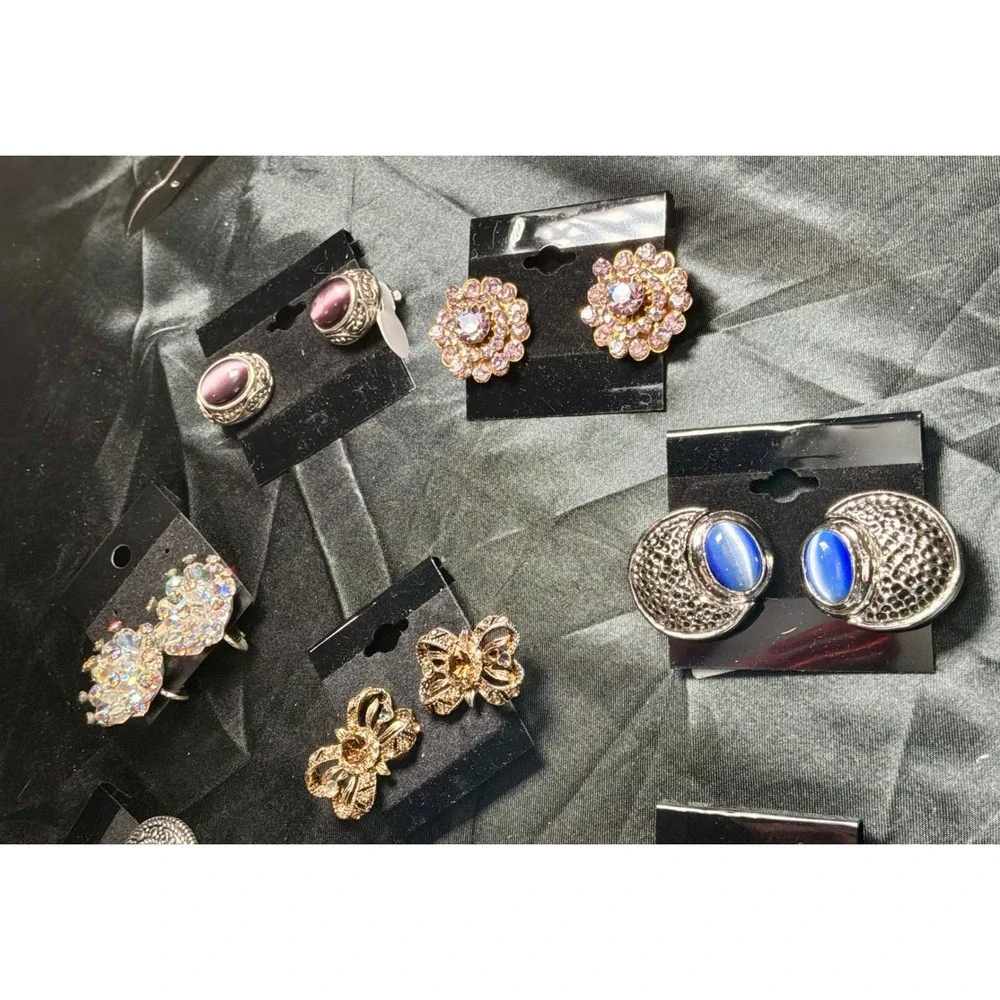 Lot of 8 Vintage Estate Lot Clip-On Earrings Rhinestone Statement Jewelry
